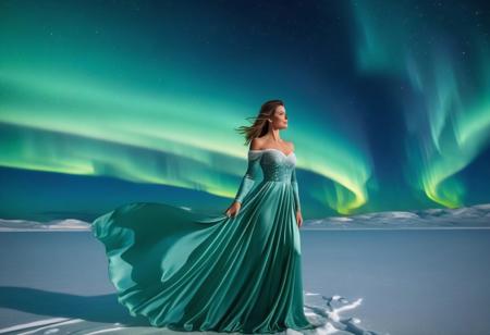 a beautiful woman wearing a silk gown with snowflake patterns, aurora borealis in the sky, beautiful arctic background
