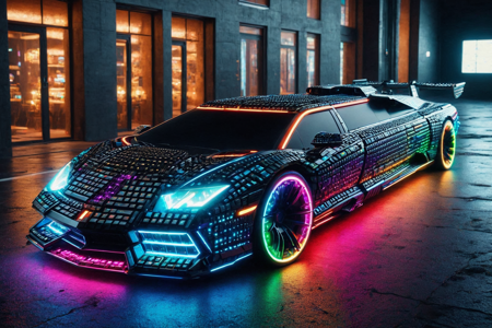 a futuristic limousine made out of RGB Keyboards, with elongated body, luxury finish, solo, sleek exhaust with RGB lights, emitting soft light, a digital space station hangar with metallic walls glowing with RGB lights, stars visible, detailed background, ascending a platform, engines humming with RGB lights, lights glowing, wide shot, a glowing RGB map with RGB lights, floating above the dashboard, best quality, vibrant colors, photorealistic style, high detail, high-definition, hyper-realistic, extremely high-resolution details, fine texture, incredibly lifelike, realistic, not cartoon, not drawing, highres, 4K resolution, source photo, realistic photo, masterpiece, best quality, amazing quality, very aesthetic, ultra-detailed, detailed textures, natural lighting, soft lighting, cosmic RGB colors, purples, blues, starry whites, neon glow, vibrant and electric, overhead shot, <lora:RGB_Keyboard_themed-000008:1>