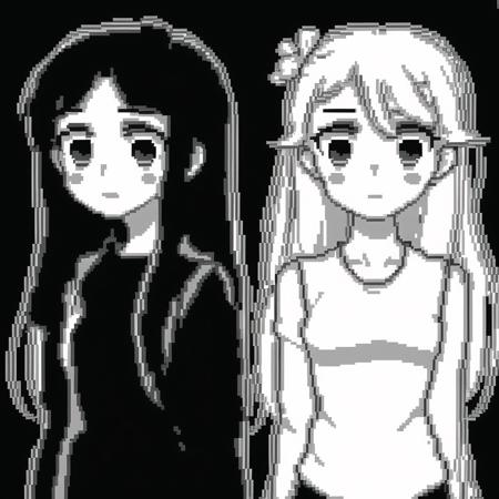 <lora:hcnone:1>, hcnone,  pixel art,

10s, 2girls, comic, long hair, monochrome, multiple girls, simple background, yuri