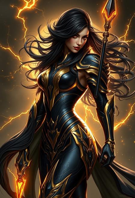 " sorce_9_up, source_8_up, source_7_up, masterpiece, ultra_res, high_res, obsidian armor forged from the darkest void, but the gold trim seems almost too inviting, accentuating her curves like a second skin. Her hair, black as midnight, crackles with dark energy, swirling like an eclipse. Every movement is calculated, graceful, but charged with dangerous energy, a deadly seduction hidden beneath the surface. Her spear, glowing with starlight, hums with power as she moves, and yet it’s her eyes, gleaming like blackened suns, that hold your attention—commanding, burning with an energy you can’t escape. The gold in her armor contrasts sharply with the dark aura surrounding her, a visual paradox that drags you deeper into her world, into a power you can’t resist. She is both the promise of destruction and the lure of the unknown, pulling you in, tempting you to step too close."
