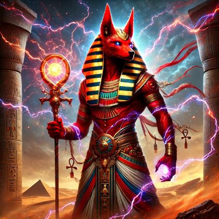 score_9, score_8_up, score_7_up, dynamic view, 
masterpiece, best quality, bokeh, hyperdetailed, luminescent background, A high-fantasy cinematic reimagining of the Egyptian god Set (Seth), standing in full power atop a storm-wracked desert. His appearance is based on classic ancient Egyptian iconography — red skin, traditional tunic, and the head of the Set animal — but transformed into a divine, high-energy form. His body is wrapped in glowing crimson and black chaos energy, with golden armor inscribed in animated hieroglyphs. His Was staff radiates dark lightning, twisting and crackling with wild energy. His Ankh glows like a chaotic star in his other hand. His headdress flows with shadows and sand, crowned with ancient Egyptian flame and storm motifs. Lightning storms erupt behind him, and swirling vortexes of wind and fire churn around his feet. His eyes burn with glowing red light, and his presence bends the air — a living manifestation of chaos and divine fear. The background features shattered pyramids, flickering lightning glyphs in the sky, and sandstorms illuminated by arcs of power. Ultra-detailed, electrified chaos aesthetic, mythic and terrifying, high-fantasy Egyptian god energy.