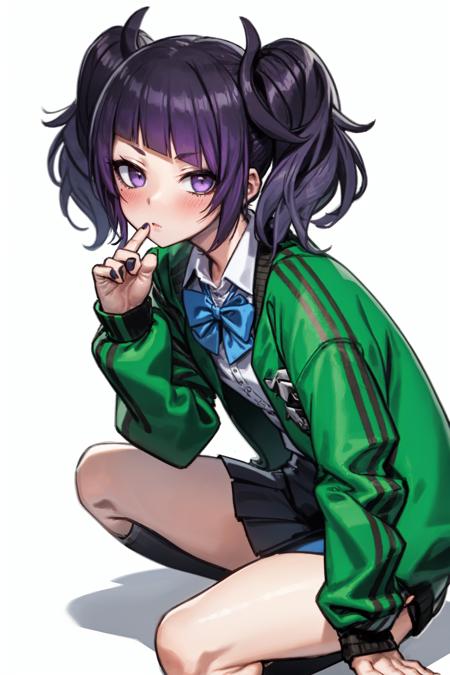 tanaka mamimi, <lora:tanaka mamimi:1>1girl, purple hair, solo, skirt, purple eyes, green jacket, jacket, twintails, pleated skirt, diagonal bangs, bangs, white background, shirt, bow, short twintails, simple background, school uniform, bowtie, white shirt, blue skirt, looking at viewer, blue bow, blush, nail polish, purple nails, long sleeves, blue bowtie, closed mouth, collared shirt