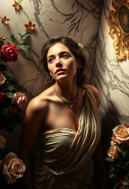 High-angle shot of a woman in classical attire amidst opulent marble and lush floral details, bathed in intense dramatic lighting.  Photographic realism with rich textures, elegant composition, serene atmosphere, high contrast creating tension.  Timeless beauty, reminiscent of ancient Rome and Greece.