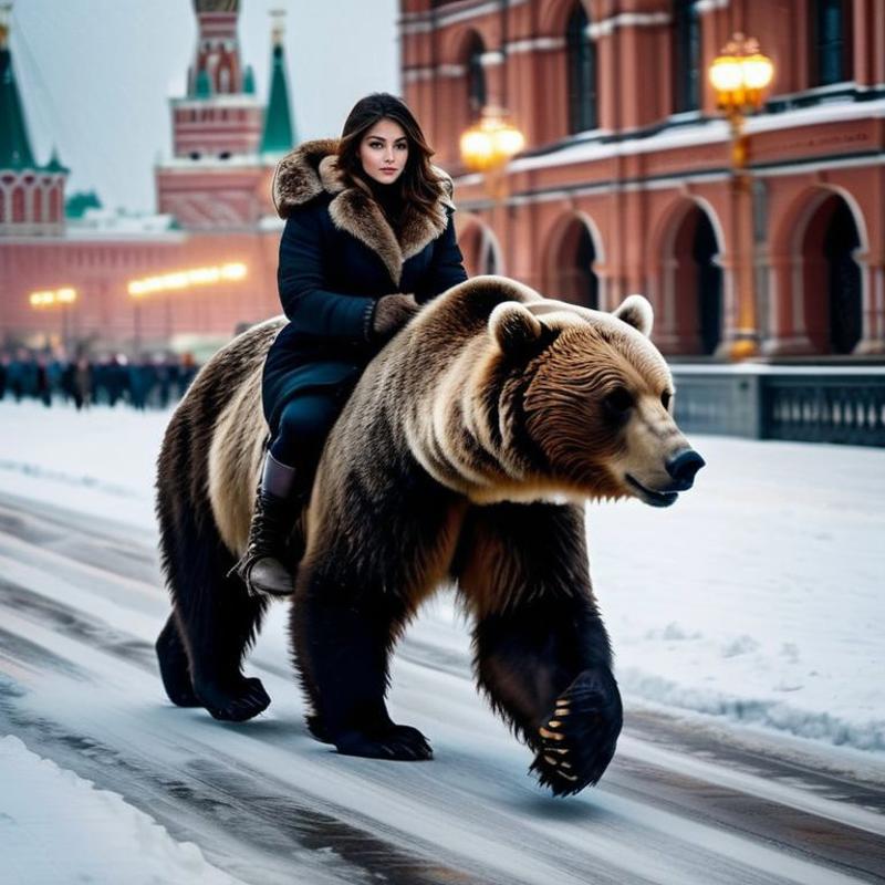 Woman Riding a Brown Bear in the Snow