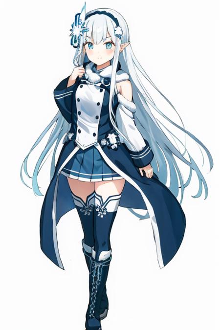 <lora:EiraV1-000080:0.8>, Eira, 1girl, long_hair, full_body, ,thighhighs, boots,  hairband, hair_ornament,