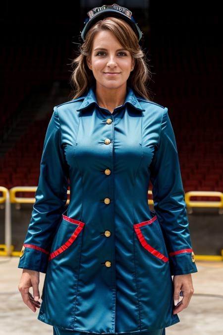 firefighter costume ,  amphitheater , day  <lora:Tina_Fey:1> 1girl, solo, a mature t1873f, masterpiece, best quality, detailed face,