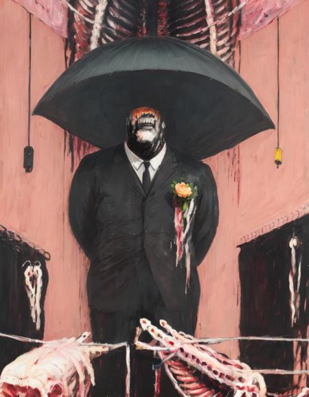 <lora:fbac:0.7>fbac, man with half a head and flower on his suit underneath umbrella with peach colored walls and meat carcass hanging from ceiling