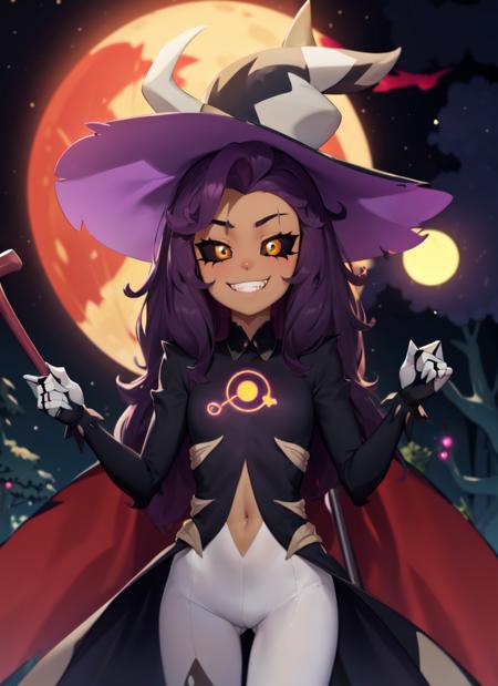 <lora:LuzNocedaTitan-06:0.85>, LuzNocedaTitan, 1girl, yellow eyes, black headwear, grin, hat, black hat, witch hat, purple hair, smile, solo, brown skin, black sclera, forest, night, red moon, dark,  solo, staff, styleThwlhs, horns, fangs, covered skin