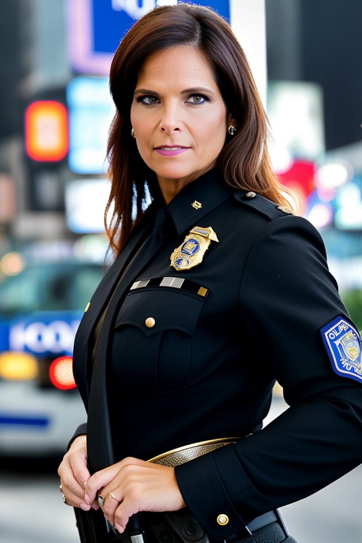 <lora:SyrenDeMer:1> portrait of syrendemer, wearing (black police uniform:1.2), badge, (police officer:1.2), (NYPD:1.4), t...