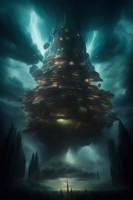 Futuristic city in clouds, floating city, stormy, lightning, endtimes, dark, panoramic, landscape, masterpiece, extremely detailed, hyperdetailed, fantasy, futurustic, psychadelic, trippy, epic, biblical scale, FanLan, Topnotch Artstyle