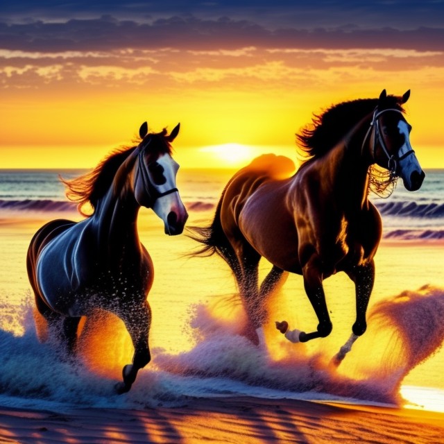 beach, horses running, sunset, golden hour, beautiful landscape, very details