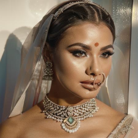 orna, traditional indian jewellery,closeup,indoor, blonde,white studio, (white flooded room:1.2), (vogue|high fashion) photography, (close up shot:1.1), a stunning blonde woman woman wearing red cutout dress, (white sheer stockings:1.1), classic hair style, elegant hairstyle, swept-back hairstyle, perfect body, subsurface scattering, oily skin, glossy skin, striking composition, strong and assertive pose, glamour, allure, sharp focus, high-contrast, dramatic lighting, Hasselblad 500C camera, 20mm medium format film  ,<lora:IndianBridalLook-000004:1>