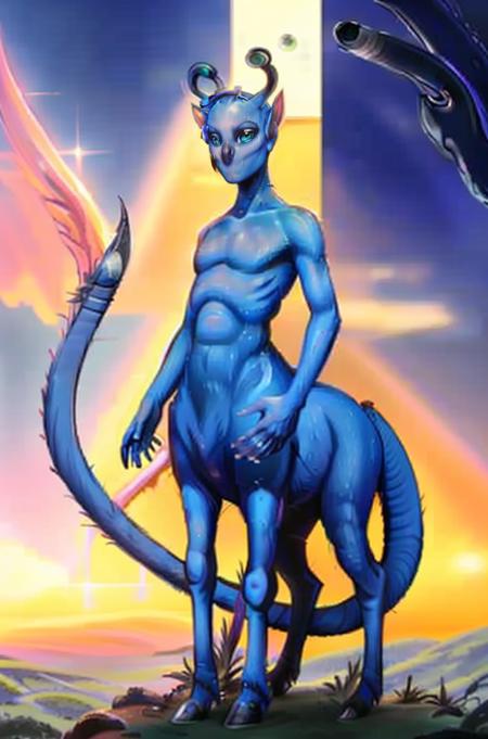 1person, Animorphs_Andalite, (taur:1.4), eyestalks, tail blade, holding object, glowing blue cube, nude, full body,  beautiful face, detailed eyes, detailed face, (masterpiece:1.2), hires, ultra-high resolution, 8K, high quality, (sharp focus:1.2), clean, crisp, cinematic,<lora:Andalite-30:1>