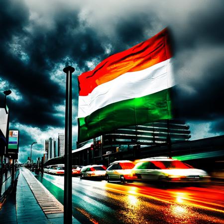 the UAE  flag,UAEFlag,Hyperrealistic,Hyperdetailed,realistic,masterpiece,best quality,ultra realistic,High Detail,<lora:AsiaFlags01-000002:1>,Cinematic Lighting,in winter,rain,rainy days,cloudy,city,cityscape,street,