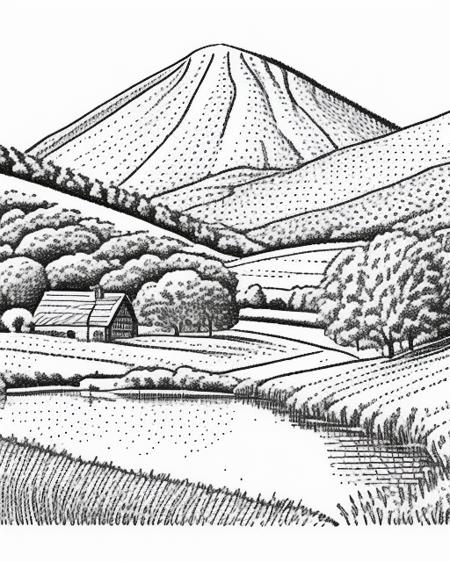 an idyllic landscape in hedcut style  <lora:GazHedcut:1>