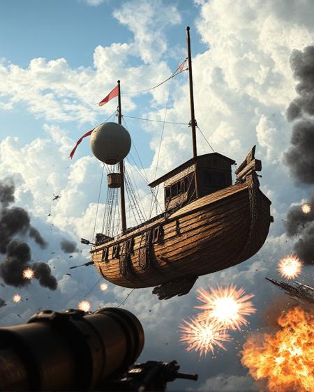 a photorealistic image of a wooden airship in a steampunk world.  The wooden airship is flying through the clouds and has a air balloon attached to it and mini-guns on the sides.  There is a battle happening and cannons and guns are being fired with dark smoke and bright detonation flashes light up the sky.