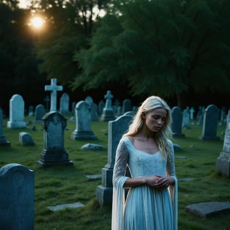 RAW full body analogue photo of a beautiful 20 years old woman, clear focus, 8K,__Random_Woman__,In the moonlit graveyard, an ethereal beauty stood among tombstones, her gown reduced to tatters. A spectral chill hung in the air as restless spirits rose, drawn to her sorrowful presence. Her porcelain skin bore ancient scars, and sorrowful eyes held memories of death. In that desolate burial ground, she embodied both beauty and the curse of eternal mourning. ,low light, soft natural light, Rembrandt style light, Hasselblad DLSR camera, 200mm Zeiss lens, f/2.8, ,Sexy pose, erotic pose, exhibitionism