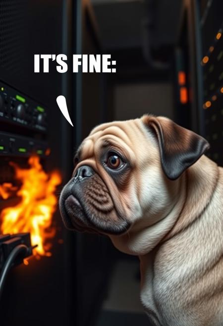 Funny Dog Eye Understanding Photo, 1 Dog, side view, Text (ITS FINE), Pug, Frustrated, angry, Trying to Fix Burning and Exploding Server Room