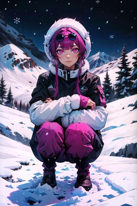 (masterpiece, best quality, absurdres), 1girl, solo, kafka, mommy kafka, pink eyes, glowing eyes, cowboy shot, looking at viewer,<lora:Kafka_V1-mani:0.8>, smug, squatting, eyewear on head, winter hat, snow suit, snowy mountain, snow