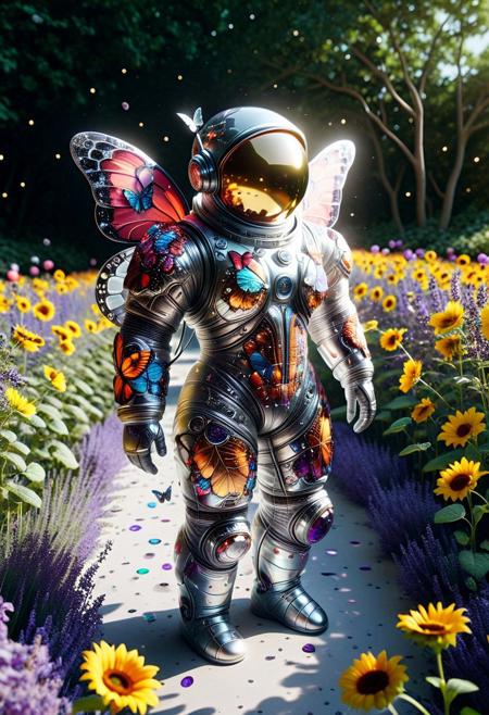 A seasoned astronaut made of tech butterfly in a sleek, reflective space suit, complete with a bulky helmet that gleams under the sunlight, stands amidst a vibrant garden filled with blooming flowers of all colors—crimson roses, golden sunflowers, and lavender violets. The lush greenery surrounding the astronaut creates a stark contrast to their metallic attire. tech butterfly flutter above, tech butterfly creating playful patterns on the ground. The scene evokes a whimsical high tech, blending the extraordinary imagery of space exploration with the tranquility of nature. The artistic style is hyper-surealistic, capturing every minute detail of the astronaut's suit and the intricate textures of the flowers and foliage.butterflyStyle, made of tech butterfly