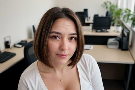 Analog, film grain, instagram photo. makeup (camera angle: (upper view, , portrait)). A woman, mature, adult,40 years old,Looking right side of the viewer.((imperfect facial skin, wrinkles, a few pores)), bob cut brown hair, brown eyes, saggy medium tits, cleavage, pale skin. Crowded office bg. realistic light, hazy dusty vision. bokeh. Disable face restoration.