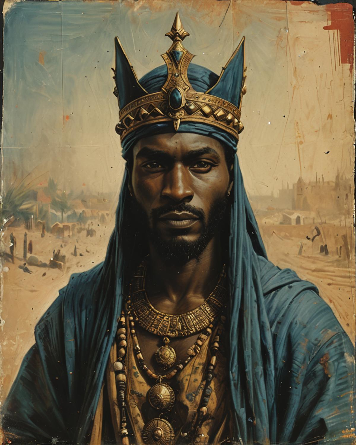 A portrait of a man wearing a blue turban and a crown.