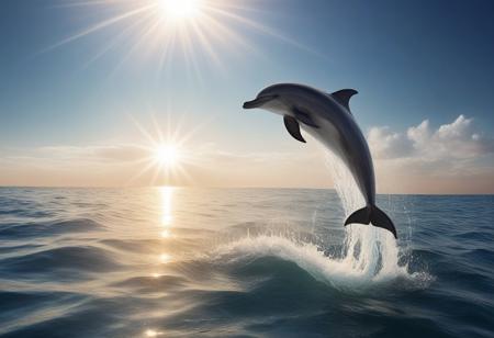 Dolphin jumping over sea water, sun halo background, very realistic photography