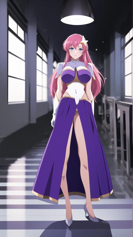 meer_campbell, 1girl, solo, long hair, blue eyes, skirt, hair ornament, gloves, pink hair, white gloves, star (symbol), high heels, leotard, covered navel, highleg, highleg leotard, star hair ornament, white leotard, purple leotard