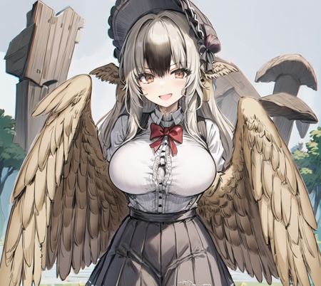 dodo all that is a cartoon drawing of  woman, 1girl, wings, harpy, bow, shirt, breasts, skirt, winged arms, long hair, red bow, grey hair, nature background, outdoors, dodo, smile, winged legs, bird feet,