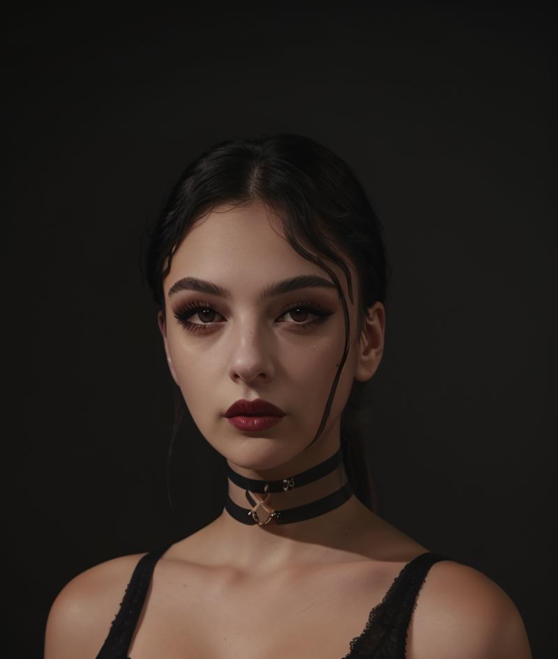 d3vcas_looking_at_viewer__simple_background__black_hair__closed_mouth__choker__black_eyes__lips__makeup__black_choker__portrait_-_nipples__asiatic__asia__monochrome__deformed__bad_anato_2931379789.png