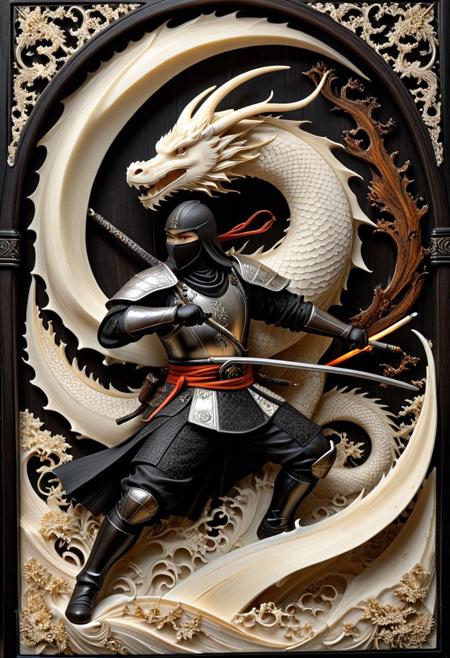 made out of ebony and ivory, scrimshaw, bone carving,  ninja, dutch angle, dynamic, steel, silver, wooden wall background, artistic, war, fog, smoke, flame, dragon, fire,