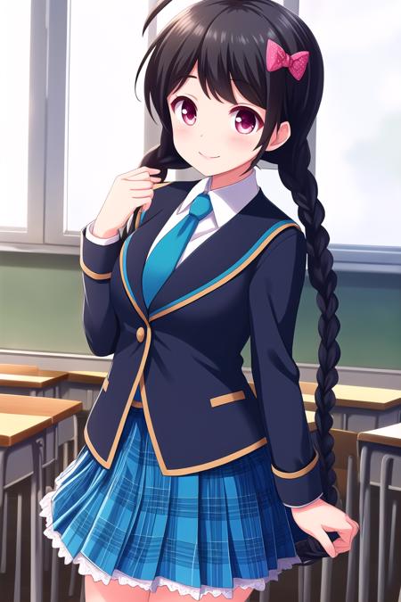 (masterpiece, best quality), highly detailed background, perfect lightingbest quality, shirasetsuzuri, solo, indoors, classroom, black hair, ahoge, hair bow, pink bow, polka dot bow, twin braids, pink eyes, blue jacket, blazer, blue necktie, white shirt, blue skirt, plaid skirtthighhighs, school uniform, smile, closed mouth, :), pink lips, <lora:Shirase-Tsuzuri:0.7>