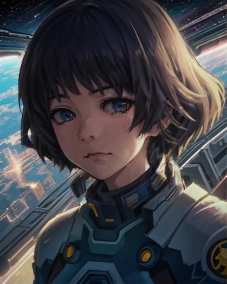 (anime), (illustration), cartoon, detailed, A woman in a futuristic space uniform, against the background of the spaceport, close up <lora:AlisSelez512New200:0.8> <lora:detail_slider_v4:2>, maximum details