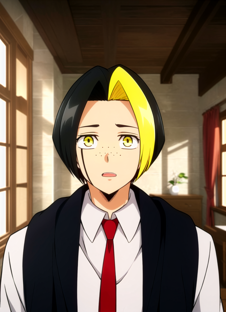 mashle <lora:mashle_offset:1.1>, masterpiece, best quality, blonde hair, 1boy, multicolored hair, necktie, solo, male focus, black hair, two-tone hair, yellow eyes, red necktie, parody, shirt, looking at viewer, upper body, freckles, white shirt, indoors, collared shirt, open mouth, bangs, window, jacket