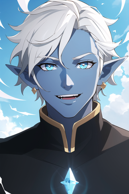 outdoors, medieval town,
1boy, solo, male focus, blue skin, colored skin, pointy ears, white hair, grey hair, aqua hair, jewelry, earrings, black robes, mischievous smile, short hair, ((floating hair)), portrait, glowing hair,
, ((masterpiece))
<lora:western_animation_style:1.07>