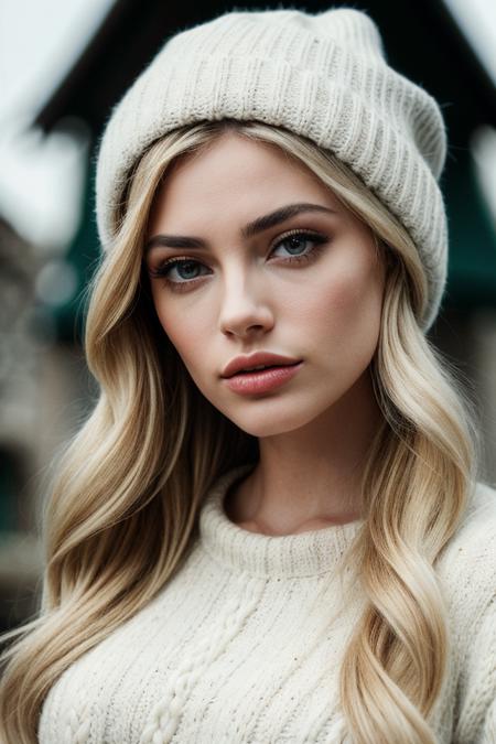 photo of (summrstr0m-135:0.99), a beautiful woman, perfect blonde hair, (modern photo, Amaranth Fair Isle knit hat), closeup portrait, 85mm, (analog, cinematic, film grain:1.3), (medieval village:1.2), detailed eyes, (seductive pose), (epicPhoto), (looking at viewer), jewelry, (cinematic shot:1.3)