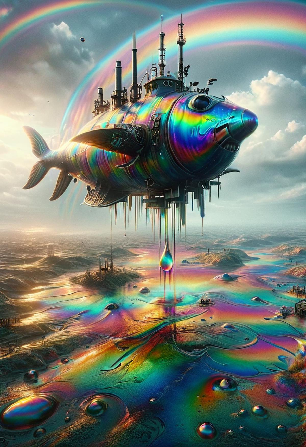 Colorful Fish-Shaped Airplane with Rainbow Tail and Streaming Tears Flying Over a Rainbow Landscape