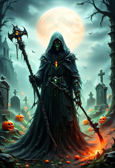 UHD, HDR, ((masterpiece, best quality)), absurdres, graphic novels illustration, bleak painting of a spooky ghoul in a secluded graveyard, Hooded and cloaked, holding a scythe, horror, grey sky, dark clouds, a dark and eerie night, a thin lair of mist covers the ground, ((glowing orange and green lights)), full moon, otherworldly scenery, ((dark fantasy theme, dark theme)), 
 <lora:HKHorrorXL:0.6> hkhorror 
<lora:necromancerlichXL:0.6> undead, lich,