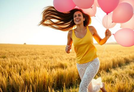 A joyful beautiful woman in a yellow sleeveless top and white crochet lace pants runs, long brown hair through, a sunlit California field, her long brown hair, holding a large bunch of pink balloons in her right hand, capturing a playful golden hour glow.