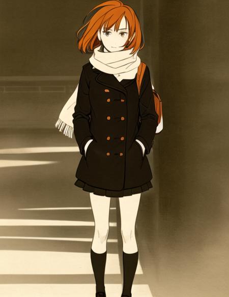 <lora:TokiwaAya-08:0.7> TokiwaAya, 1girl, solo, looking at viewer, skirt, brown hair, closed mouth, full body, pleated skirt, shoes, socks, black skirt, bag, scarf, orange hair, coat, kneehighs, buttons, backpack, loafers, hands in pockets, double-breasted