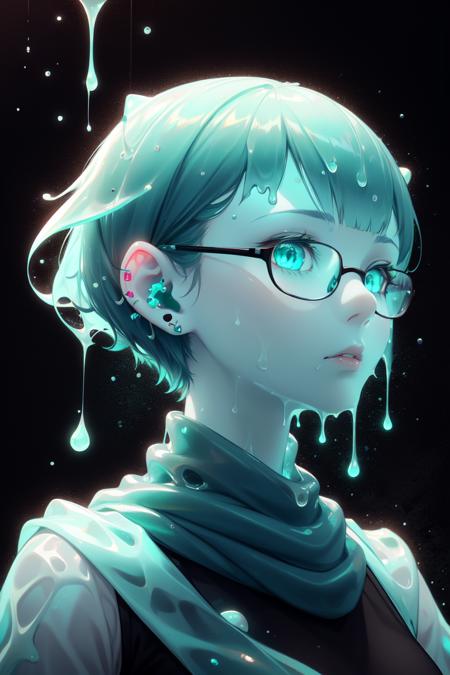 <lora:MintSlimeSkin-18:1.1>, <lora:kionantArtistStyle_v10:0.5>,  mintslimeskin , luminescent translucent body ,
1girl,portrait, 
black glasses,ear piercings, gray scarf,
sides wept bangs,pixiecut, longbang, (very short hair:1.2), straight hair , (buzz cut:0.8), bob cut
light blue hair, light blue hair , green eyes, glowing eyes,