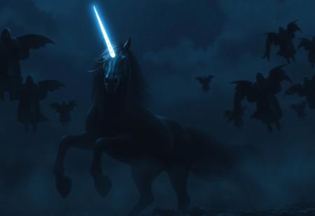 cinematic, a black unicorn with shining white light emanating from its horn, the light shines on the enemy, dark flying robes figures in the night sky,