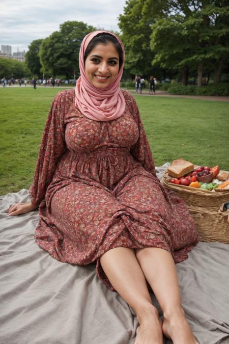 wide angle photo, curvy beautiful pakistani (hijabi:1.1) woman wearing a full length dark floral maxi dress in the park, in london, wide hips <lora:Curvy_Female_Body_-_Civitai_Version_1.2:0.4> curvy body, big ass, (wide hips:1.2), chibi, petite, long sleeve, knowing smile, teeth, <lora:tight_clothes_v1:-1>,, dgmocha, saggy breasts,( laying on picnic mat on the grass:1.1), picnic, food and drinks, city in the background, crowds in the park <lora:Relaxed_Woman_V2:0.5> Relaxed_Woman, laying down, (feet:1.1), ankles, modest <lora:Shirts Down:0.5> (clothes pull:1.2), (breasts out:1.2), <lora:eyelashes_slider_v3:4>, RAW photo, 8k uhd, dslr, soft lighting, high quality, film grain, Fujifilm XT3