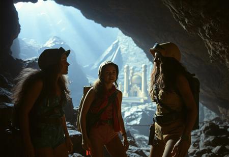 cinematic photograph, three women astro-explorers exploring a cave  discover lost city  ,1960s adventure b-movie science fiction film, technicolor,