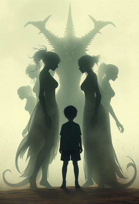 The presence of the monster mother
The hazy silhouettes of several female monsters surround the boy. Their vague postures seem to be both protective and controlling, highlighting the influence of mothers.
FHD, Rich in details, masterpiece.