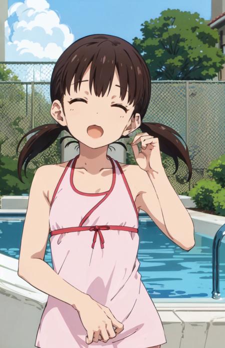 <lora:miyuki_ver1.0:0.65>  miyuki, short twintails, low twintails, flat chest, pink dress swimsuit, pool, full body,
(masterpiece:1.1), best quality, ultra-detailed, high resolution, super detailed skin, perfect anatomy, detailed, 
(chestnut mouth:1.2), solo