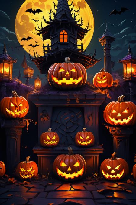 best quality,highly detailed,masterpiece,ultra-detailed,illustration,<lora:ä¸å£è:0.7>,
no humans,jack-o'-lantern,moon,pumpkin,bat (animal),halloween,full moon,night,sky,grass,house,outdoors,tombstone,