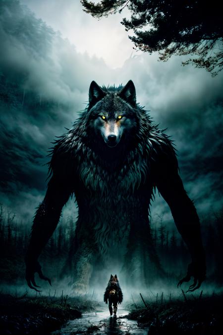 Wolf, Very Very Very Big, Fenrir, dark fur, Night, Forest, Trees, Yellow glowing eyes, Sharp image, howling,, Style of stephen gammell, watercolors, black and white, swamp, shadowy creatures, dripping, infected, oil painting from studio ghibli film, by noriyuki morimoto, digital artist, bright and bold colors, expansive sky, sense of adventure, epic scope studio ghibli, high quality photography, 3 point lighting, flash with softbox, 4k, Canon EOS R3, hdr, smooth, sharp focus, high resolution, award winning photo, 80mm, f2.8, bokeh<lora:more_details:1.0>
