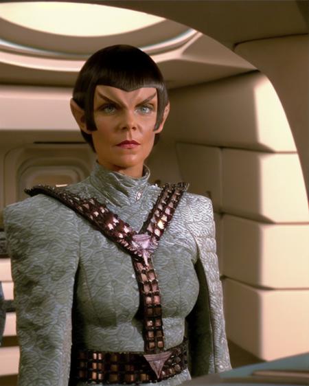 romulan, female, (toreth:1.1), carolyn seymour, pointy ears, medium olive skin, perfecteyes eyes, v-shaped brow ridge on forehead, short bob hair with straight bangs, wearing red lipstick, serious expression, wearing romulan uniform, wearing belted harness, silver clothing, standing a copper and teal blue sci-fi room, raw photograph, wide shot, <lora:romulan_lora:0.8>, <lora:locon_perfecteyes_v1_from_v1_64_32:0.2>