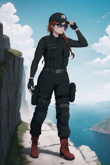 (masterpiece, best quality:1.2),  <lora:ash_(rainbow_six_siege):.95>, ash (rainbow six siege), 1girl, solo, hat, gloves, breasts, boots, baseball cap, pants, red hair, knee pads, black gloves, uniform, bulletproof vest, military, single braid, long sleeves, braided ponytail, braid, fingerless gloves, sunglasses, standing on a cliff edge, wind blowing through hair, determined look